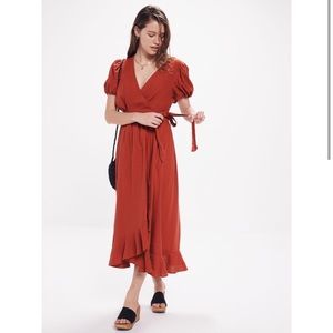 UO Amalfi Linen Midi Wrap Dress